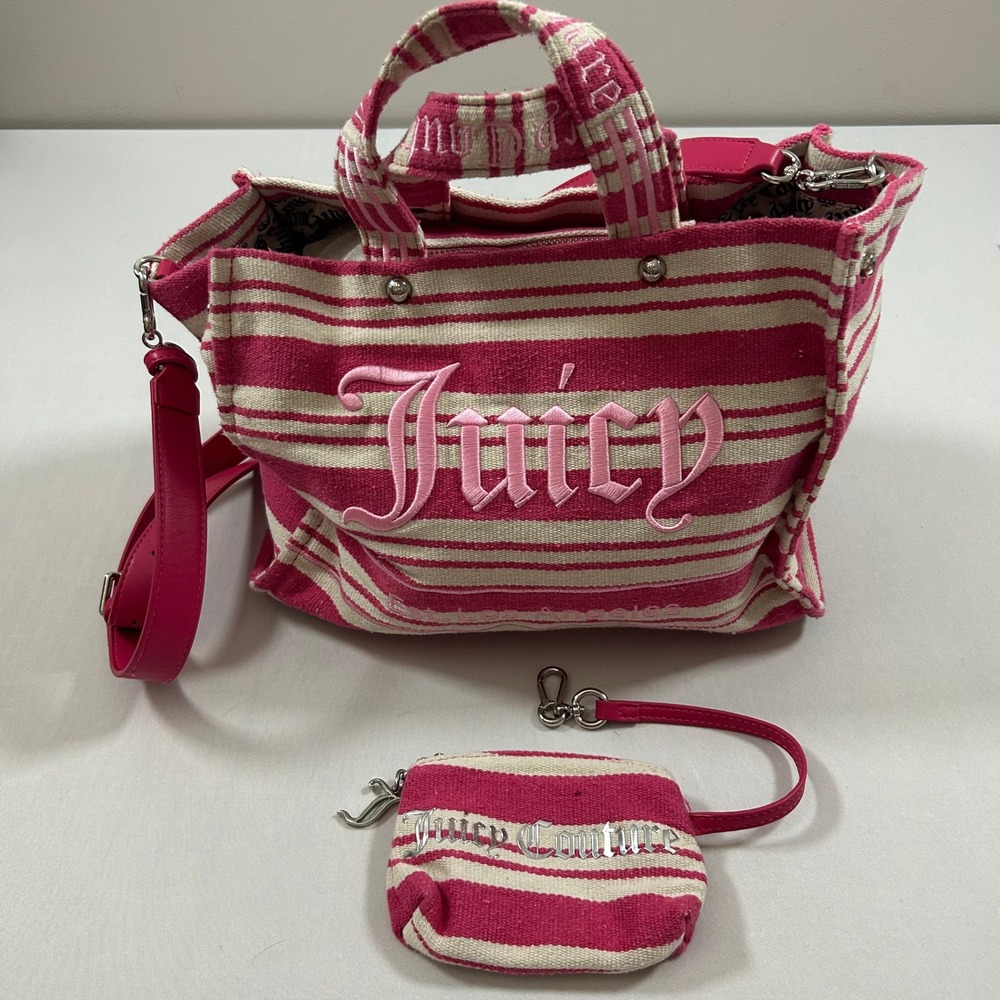 Juicy Couture Purse Pink Striped Canvas Embroidered Crossbody Coin Tote Bag Y2K